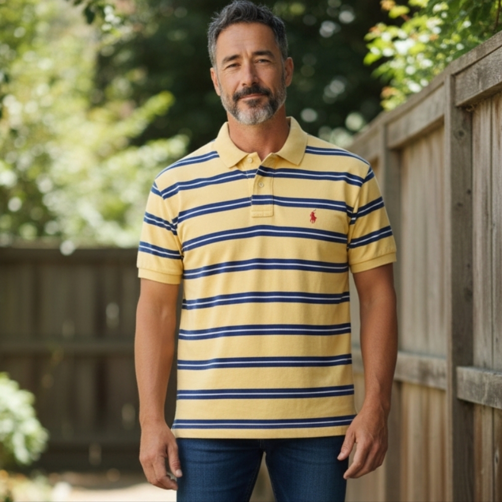 Polo by Ralph Lauren Men's Yellow and Blue Striped Polo Shirt Size-Large